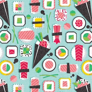 Small scale // Paper cut geo sushi // aqua background multicoloured geometric sushi rolls