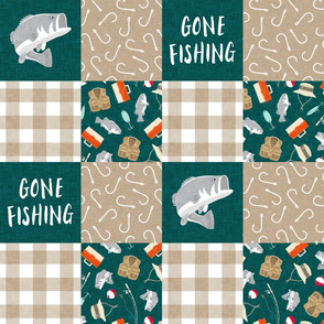 Gone Fishing - Crawl Walk Fish -  Fishing Wholecloth - patchwork fishing, fisherman, bass fish, fish hooks, plaid, woodland, country boy - green/tan/orange - LAD20