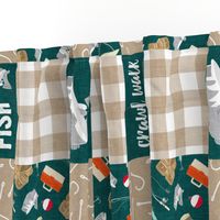 Crawl Walk Fish -  Fishing Wholecloth - patchwork fishing, fisherman, bass fish, fish hooks, plaid, woodland, country boy - green/tan/orange (90) - LAD20