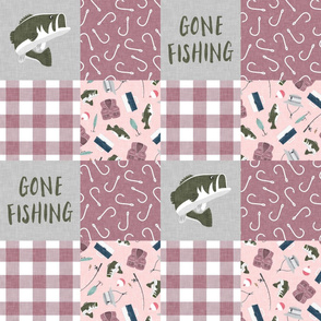 Gone Fishing Wholecloth - patchwork fishing, fisherman, bass fish, fish hooks, plaid, woodland, country girl- pink and mauve - LAD20