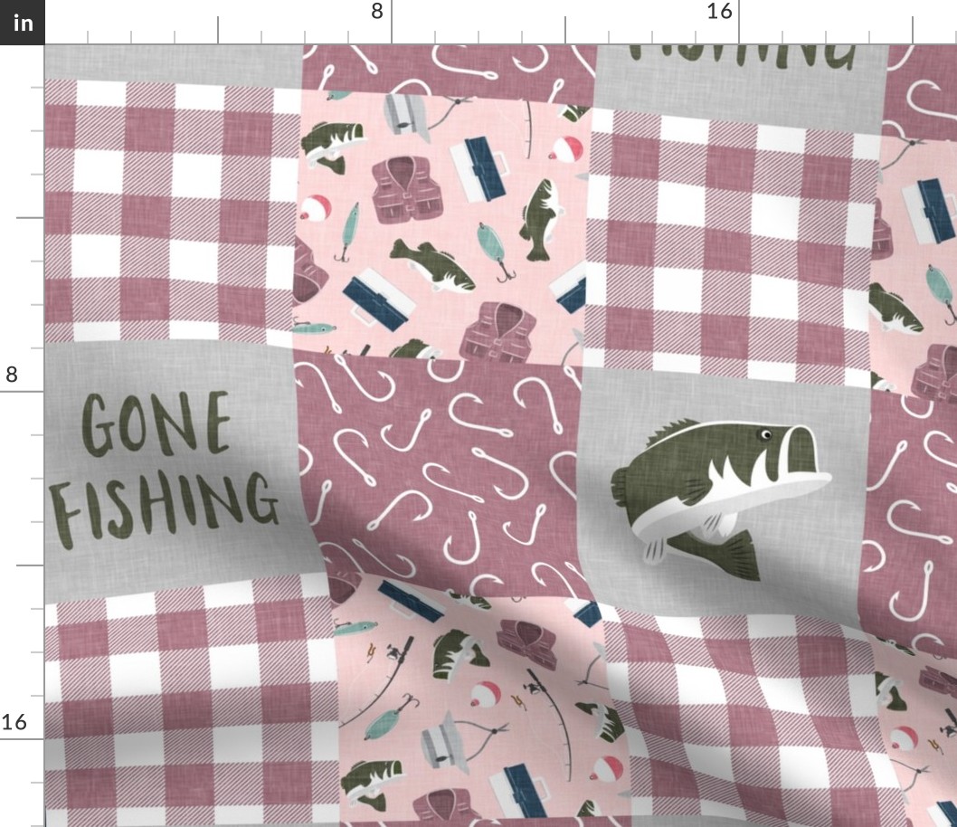 Gone Fishing Wholecloth - patchwork fishing, fisherman, bass fish, fish hooks, plaid, woodland, country girl- pink and mauve - LAD20