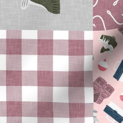 Fishing Wholecloth - patchwork fishing, fisherman, bass fish, fish hooks, plaid, woodland, country girl - pink and mauve - LAD20