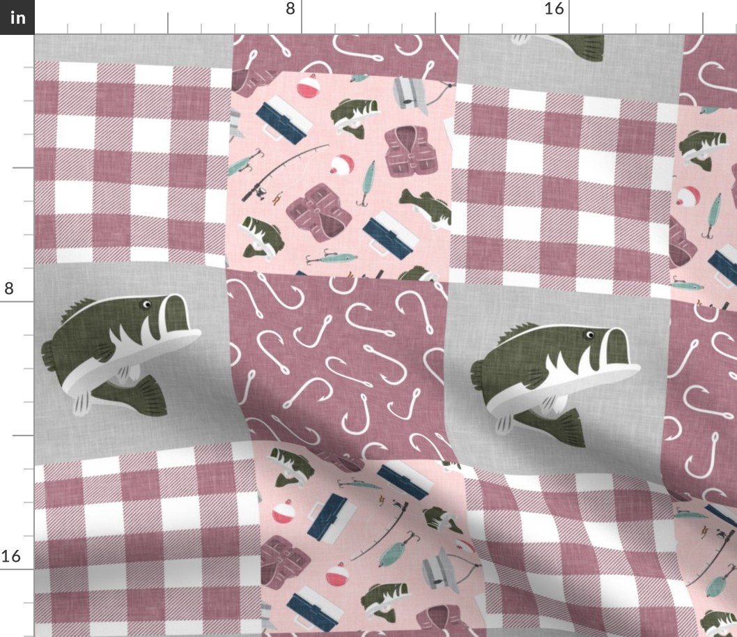 Fishing Wholecloth - patchwork fishing, fisherman, bass fish, fish hooks, plaid, woodland, country girl - pink and mauve - LAD20