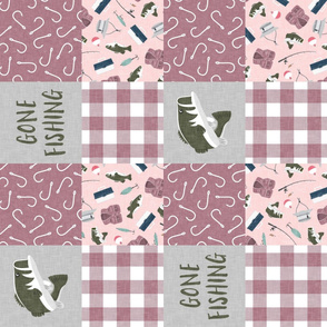 Gone Fishing Wholecloth - patchwork fishing, fisherman, bass fish, fish hooks, plaid, woodland, country girl- pink and mauve (90) - LAD20