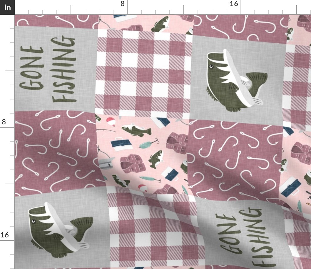Gone Fishing Wholecloth - patchwork fishing, fisherman, bass fish, fish hooks, plaid, woodland, country girl- pink and mauve (90) - LAD20