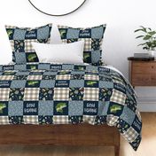 Gone Fishing Wholecloth - bass fish patchwork fishing, fisherman, bass fish, fish hooks, plaid, woodland, country boy - navy and green - LAD20