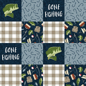 Gone Fishing Wholecloth - bass fish patchwork fishing, fisherman, bass fish, fish hooks, plaid, woodland, country boy - navy and green - LAD20