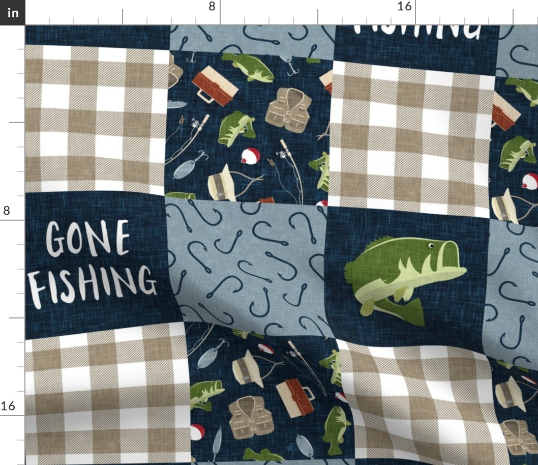 Gone Fishing Wholecloth - bass fish patchwork fishing, fisherman, bass fish, fish hooks, plaid, woodland, country boy - navy and green - LAD20