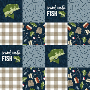 Crawl Walk Fish Wholecloth - fishing patchwork fishing, fisherman, bass fish, fish hooks, plaid, woodland, country boy - navy and green - LAD20