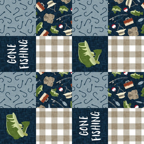 Gone Fishing Wholecloth - bass fish patchwork fishing, fisherman, bass fish, fish hooks, plaid, woodland, country boy - navy and green (90) - LAD20