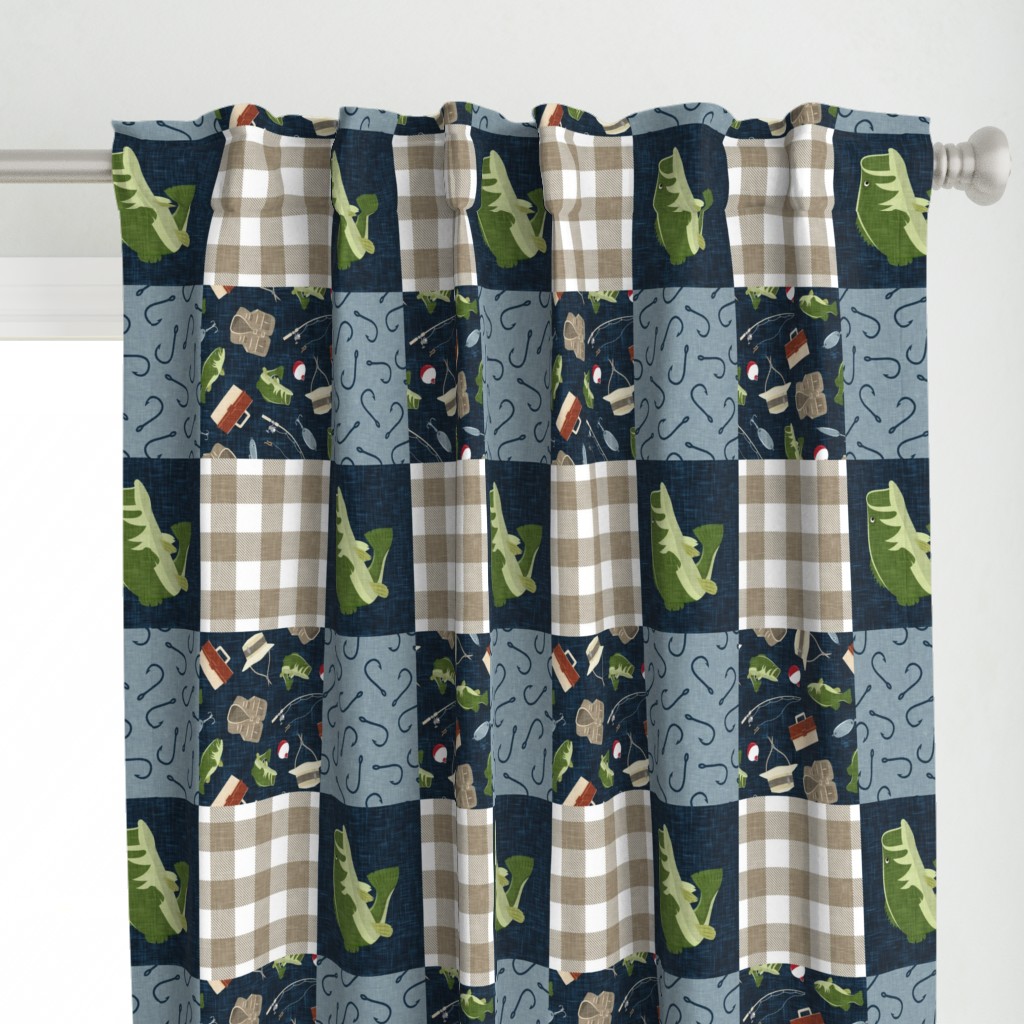 Fishing Wholecloth - bass fish patchwork fishing, fisherman, bass fish, fish hooks, plaid, woodland, country boy - navy and green (90) - LAD20