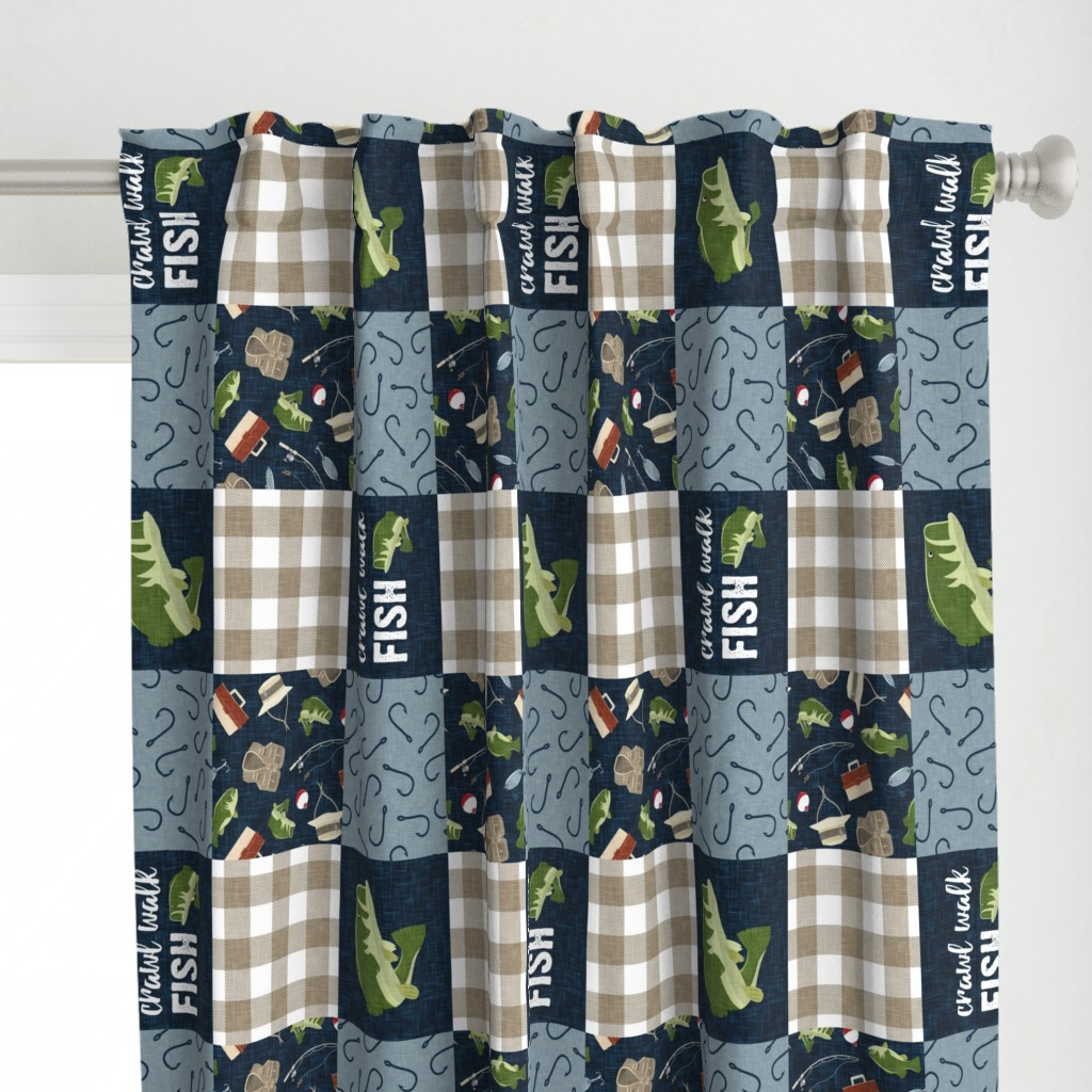 Crawl Walk Fish Wholecloth - fishing patchwork fishing, fisherman, bass fish, fish hooks, plaid, woodland, country boy - navy and green (90) - LAD20