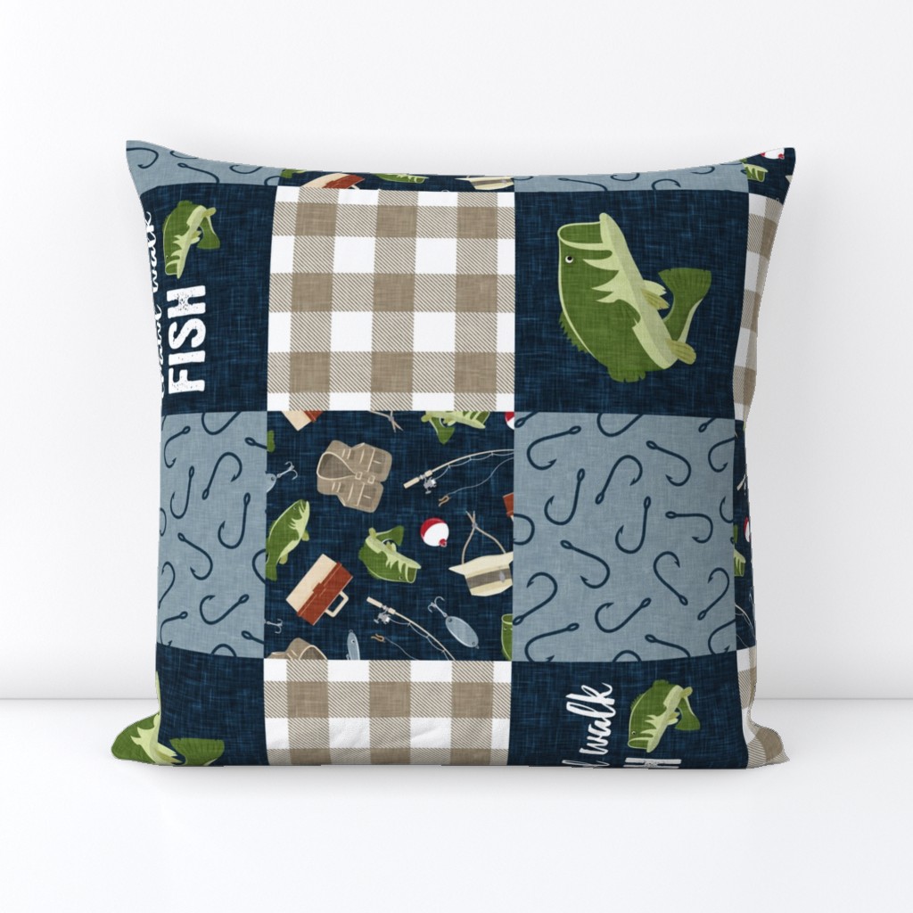 Crawl Walk Fish Wholecloth - fishing patchwork fishing, fisherman, bass fish, fish hooks, plaid, woodland, country boy - navy and green (90) - LAD20