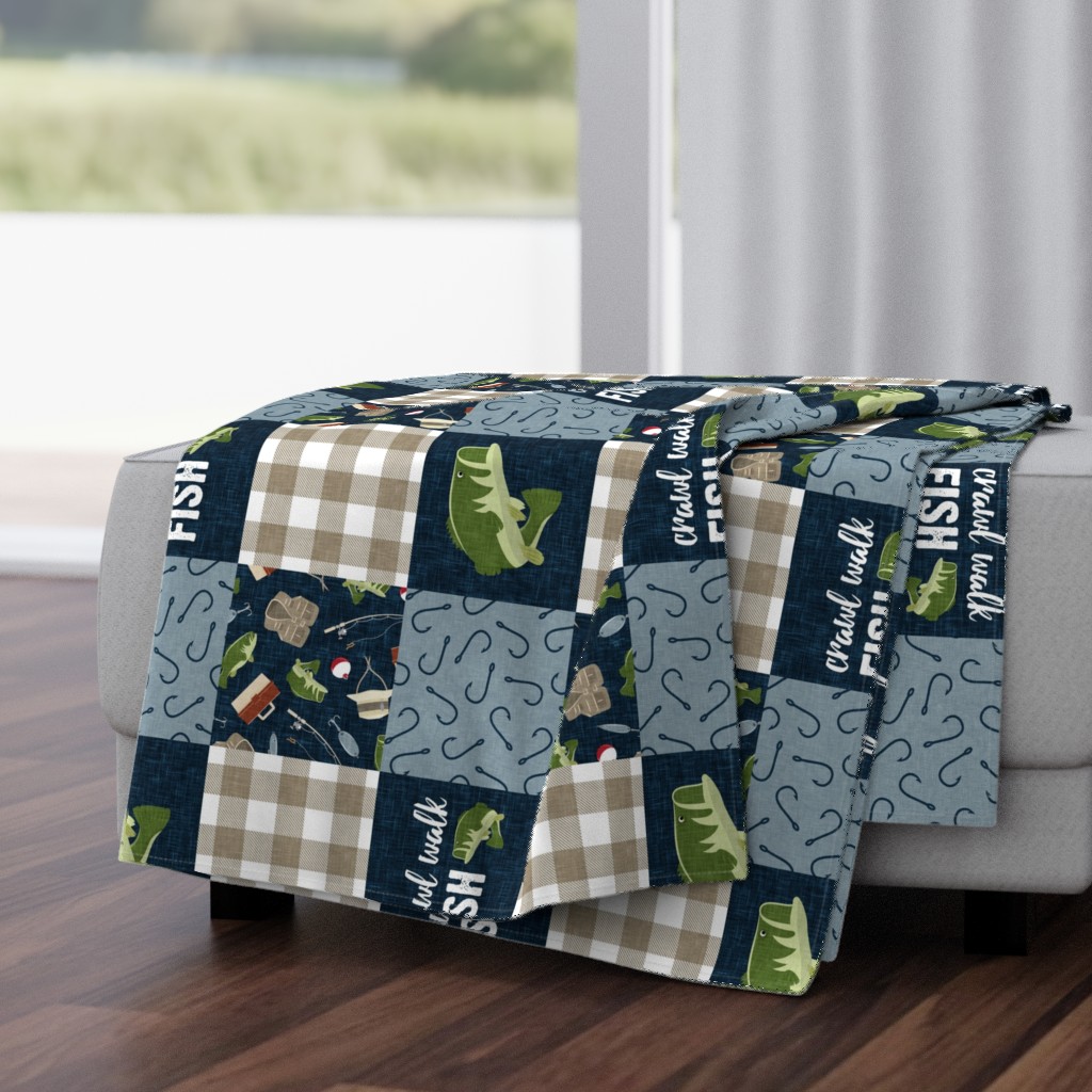 Crawl Walk Fish Wholecloth - fishing patchwork fishing, fisherman, bass fish, fish hooks, plaid, woodland, country boy - navy and green (90) - LAD20