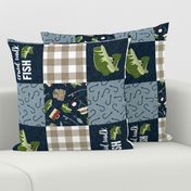 Crawl Walk Fish Wholecloth - fishing patchwork fishing, fisherman, bass fish, fish hooks, plaid, woodland, country boy - navy and green (90) - LAD20