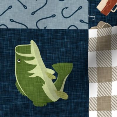 Crawl Walk Fish Wholecloth - fishing patchwork fishing, fisherman, bass fish, fish hooks, plaid, woodland, country boy - navy and green (90) - LAD20