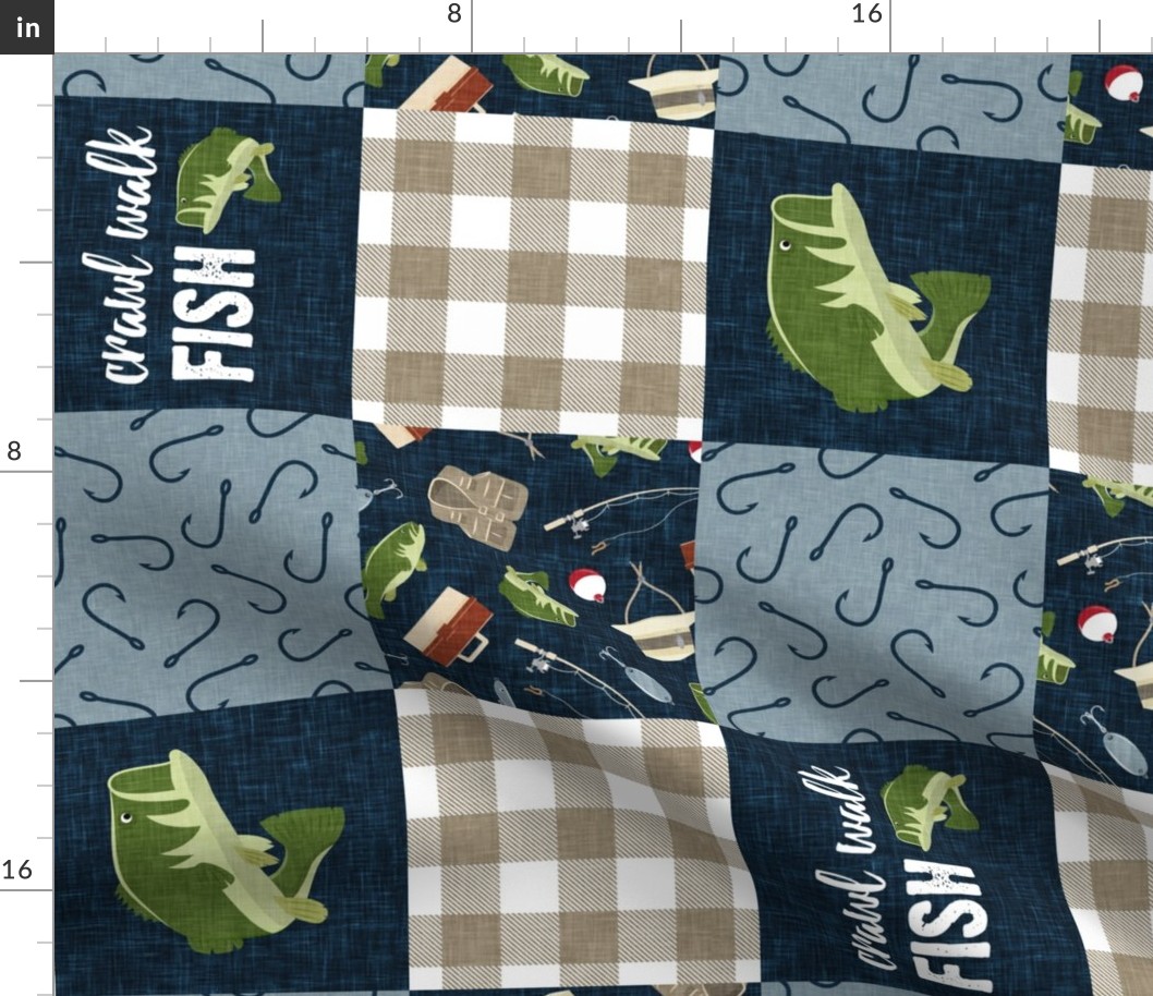 Crawl Walk Fish Wholecloth - fishing patchwork fishing, fisherman, bass fish, fish hooks, plaid, woodland, country boy - navy and green (90) - LAD20