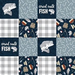 Crawl Walk Fish -  Fishing Wholecloth - patchwork fishing, fisherman, bass fish, fish hooks, plaid, woodland, country boy - navy blue and grey  - LAD20