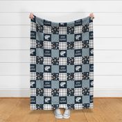 Gone Fishing Wholecloth - patchwork fishing, fisherman, bass fish, fish hooks, plaid, woodland, country boy - navy blue and grey -  LAD20