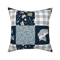 Gone Fishing Wholecloth - patchwork fishing, fisherman, bass fish, fish hooks, plaid, woodland, country boy - navy blue and grey -  LAD20