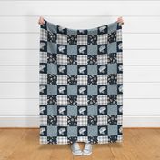 Fishing Wholecloth - patchwork fishing, fisherman, bass fish, fish hooks, plaid, woodland, country boy - navy blue and grey  - LAD20