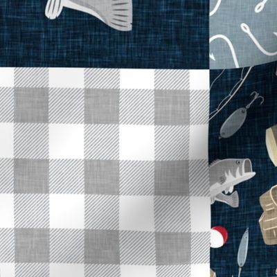 Fishing Wholecloth - patchwork fishing, fisherman, bass fish, fish hooks, plaid, woodland, country boy - navy blue and grey  - LAD20