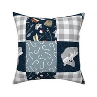 Fishing Wholecloth - patchwork fishing, fisherman, bass fish, fish hooks, plaid, woodland, country boy - navy blue and grey  - LAD20