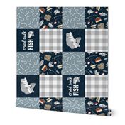 Crawl Walk Fish -  Fishing Wholecloth - patchwork fishing, fisherman, bass fish, fish hooks, plaid, woodland, country boy - navy blue and grey (90) - LAD20