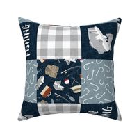 Gone Fishing Wholecloth - patchwork fishing, fisherman, bass fish, fish hooks, plaid, woodland, country boy - navy blue and grey (90) - LAD20