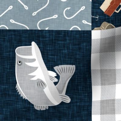 Gone Fishing Wholecloth - patchwork fishing, fisherman, bass fish, fish hooks, plaid, woodland, country boy - navy blue and grey (90) - LAD20