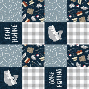 Gone Fishing Wholecloth - patchwork fishing, fisherman, bass fish, fish hooks, plaid, woodland, country boy - navy blue and grey (90) - LAD20