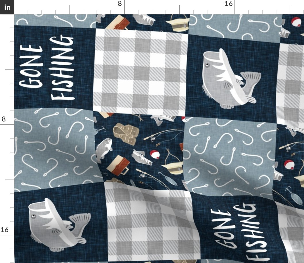 Gone Fishing Wholecloth - patchwork fishing, fisherman, bass fish, fish hooks, plaid, woodland, country boy - navy blue and grey (90) - LAD20