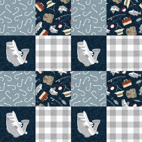 Fishing Wholecloth - patchwork fishing, fisherman, bass fish, fish hooks, plaid, woodland, country boy - navy blue and grey (90) - LAD20
