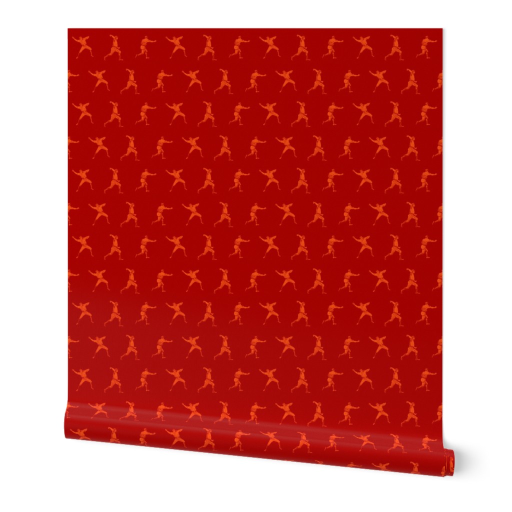 Baseball Players Illustrated in Orange on Red (Small Scale)