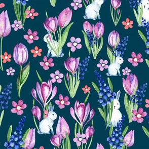Ditsy Spring flowers and bunnies on a deep blue
