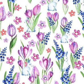 Ditsy spring flowers and bunnies on white