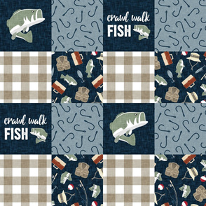 Crawl Walk Fish - Fishing Wholecloth - patchwork fishing, fisherman, bass fish, fish hooks, plaid, woodland, country boy - Navy/Sage/Tan  -  LAD20
