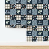 Gone Fishing Wholecloth - patchwork fishing, fisherman, bass fish, fish hooks, plaid, woodland, country boy - Navy/Sage/Tan -  LAD20