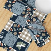 Gone Fishing Wholecloth - patchwork fishing, fisherman, bass fish, fish hooks, plaid, woodland, country boy - Navy/Sage/Tan -  LAD20