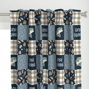 Gone Fishing Wholecloth - patchwork fishing, fisherman, bass fish, fish hooks, plaid, woodland, country boy - Navy/Sage/Tan -  LAD20