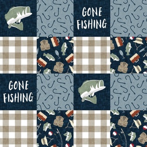 Gone Fishing Wholecloth - patchwork fishing, fisherman, bass fish, fish hooks, plaid, woodland, country boy - Navy/Sage/Tan -  LAD20