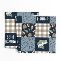 Gone Fishing Wholecloth - patchwork fishing, fisherman, bass fish, fish hooks, plaid, woodland, country boy - Navy/Sage/Tan (90) -  LAD20