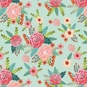vintage florals coordinate fabric - pet friendly fabric - mint