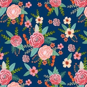 vintage florals coordinate fabric - pet friendly fabric - navy