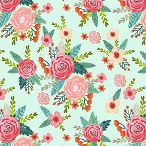 vintage florals coordinate fabric - pet friendly fabric - mint
