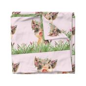 18x18" floral grass baby piggie on pink background