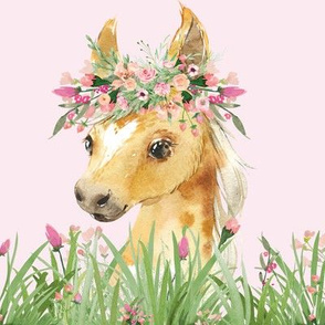 18x18" floral grass baby horse on pink background 