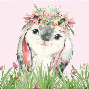 18x18" floral grass baby bunny on pink background