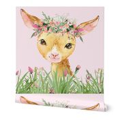 18x18" floral grass baby goat on pink background