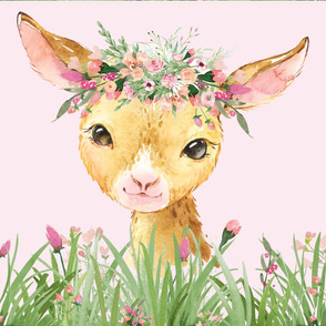 18x18" floral grass baby goat on pink background